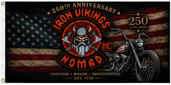 IVMC 250th Anniversary flag with motorcycle